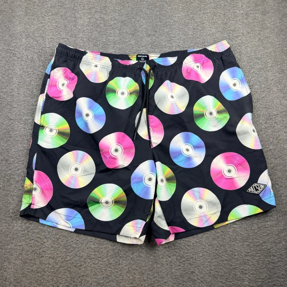 PacSun Men's‎ CD Disc Print Swim Trunks XL Black Recycled Polyester Board Shorts